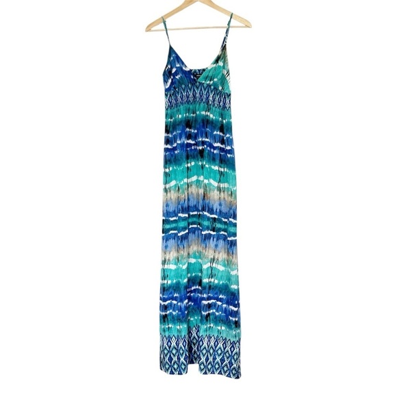 Aqua Dresses & Skirts - Aqua Tie Dye Colorful Tropical Spaghetti strap flowy vacation maxi dress smocked